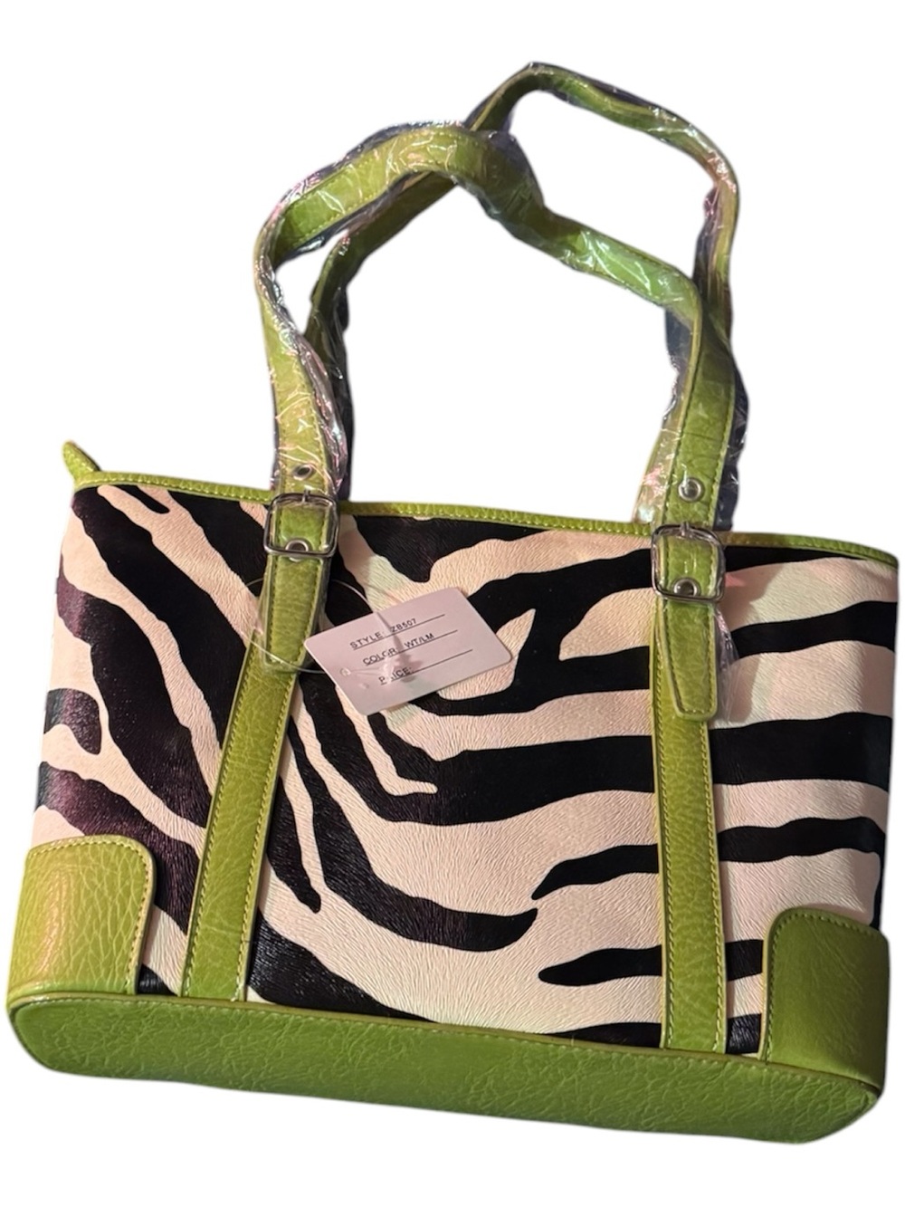 Zebra Print Tote Handbag Green Trim Double Handles Zip Top Pockets